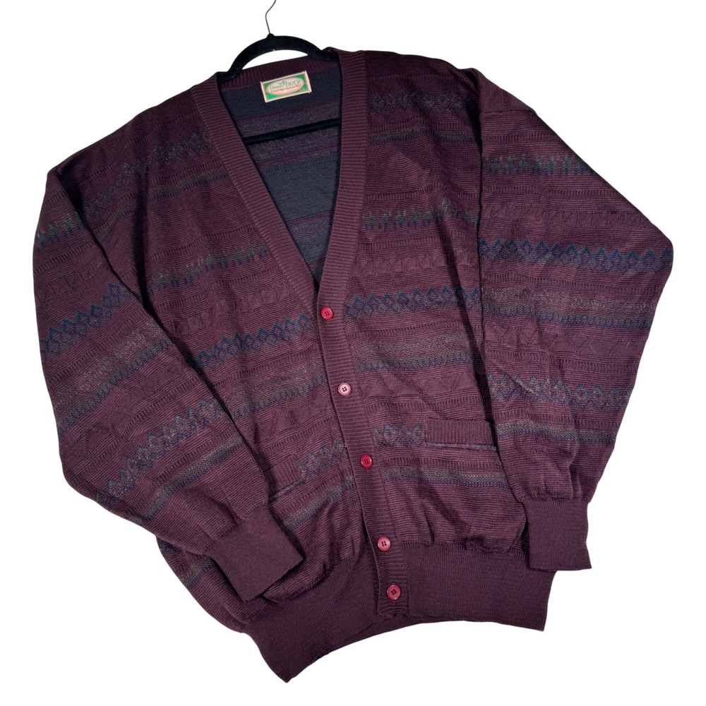 Green Duck Cardigan Sweater Mens XXL Burgundy Fair Isle Wool Blend Good Vintage